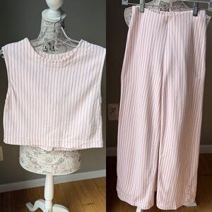 Zara Pink and White Striped Top and Bottom Matching Set Bow Back Button Hem Pant